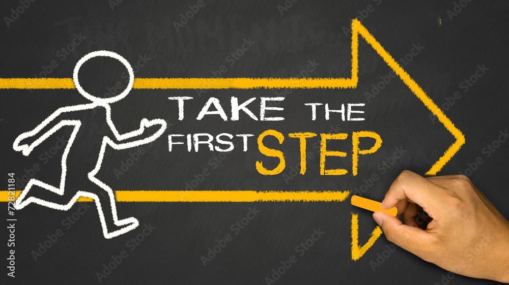 Decorative image that reads, "take the first step" and an image of a person drawn in chalk, walking in the same direction as a large yellow arrow.